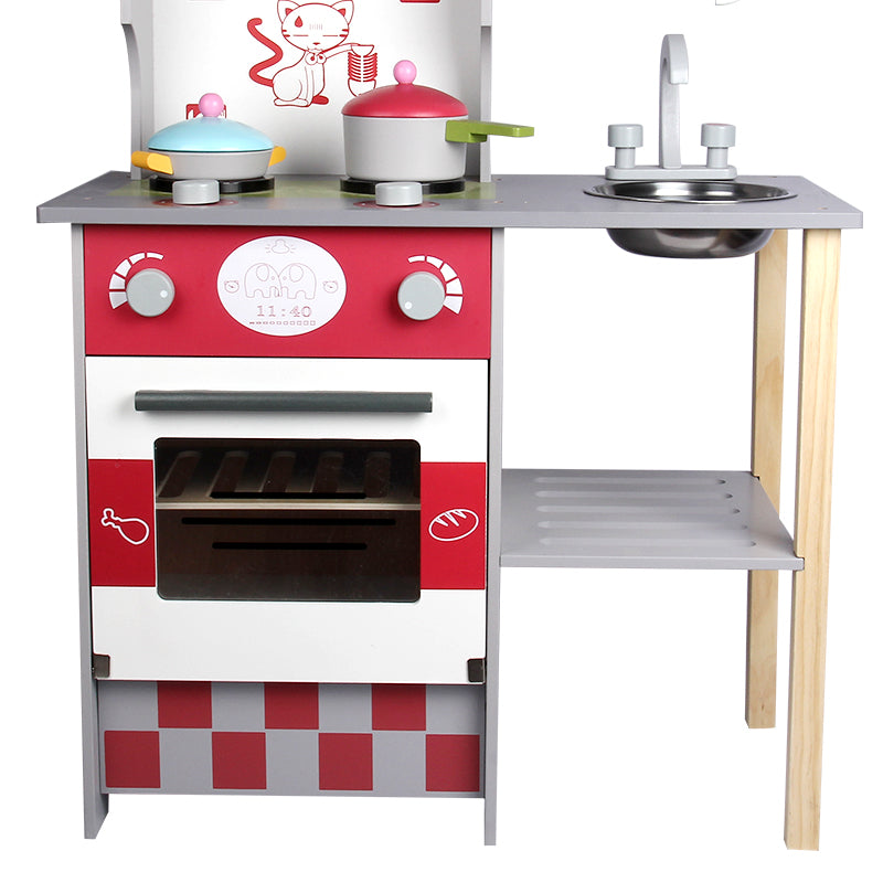 Cocinita de madera con horno color rojo. Ideal para niños y niñas.  Incluye accesorios de cocina.