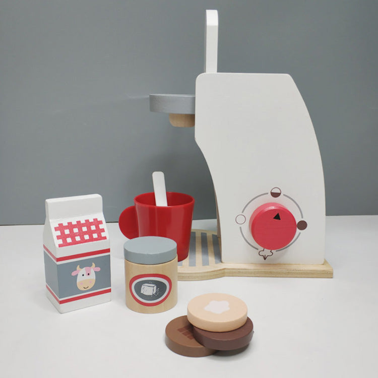 Kit de electrodomésticos de madera incluye cafetera, waflera, tostador y batidora y sus accesorios.