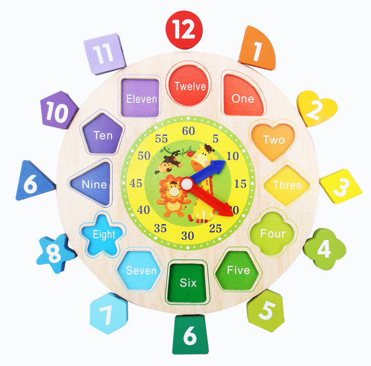 Reloj de madera con números, formas y colores.