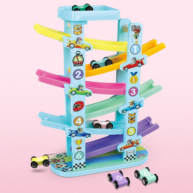 Pista de coches con 6 rampas de diferentes colores. Ideal para niños de todos las edades.